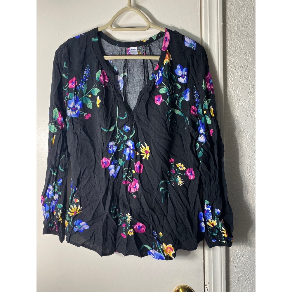 Old Navy Womens Floral‎ V-Neck Long Sleeve Blouse Black Rayon Top Size L